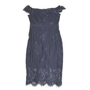 NWT Allandwell 931-2 Floral Lace Off The Shoulder Cocktail Midi Navy Dress Sz 8
